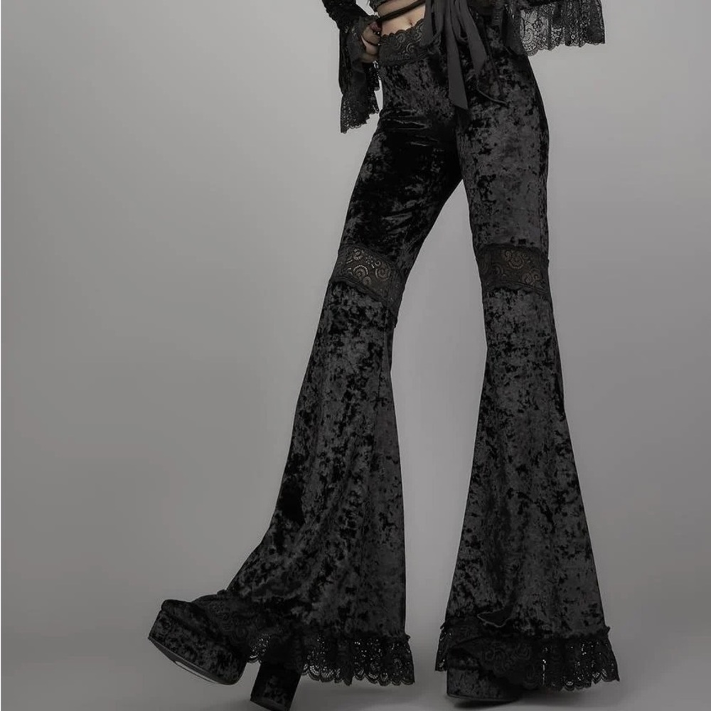 Widow Black Velvet and Lace Bell Bottom Flare Pants Small Dolls Kill